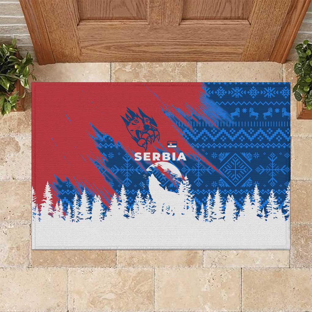 Serbia Christmas Rubber Doormat with Wolf Howling Moon Serbian Flag and Red Blue White Winter Forest Pattern Design - Wonder Print Shop