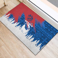 Serbia Christmas Rubber Doormat with Wolf Howling Moon Serbian Flag and Red Blue White Winter Forest Pattern Design - Wonder Print Shop