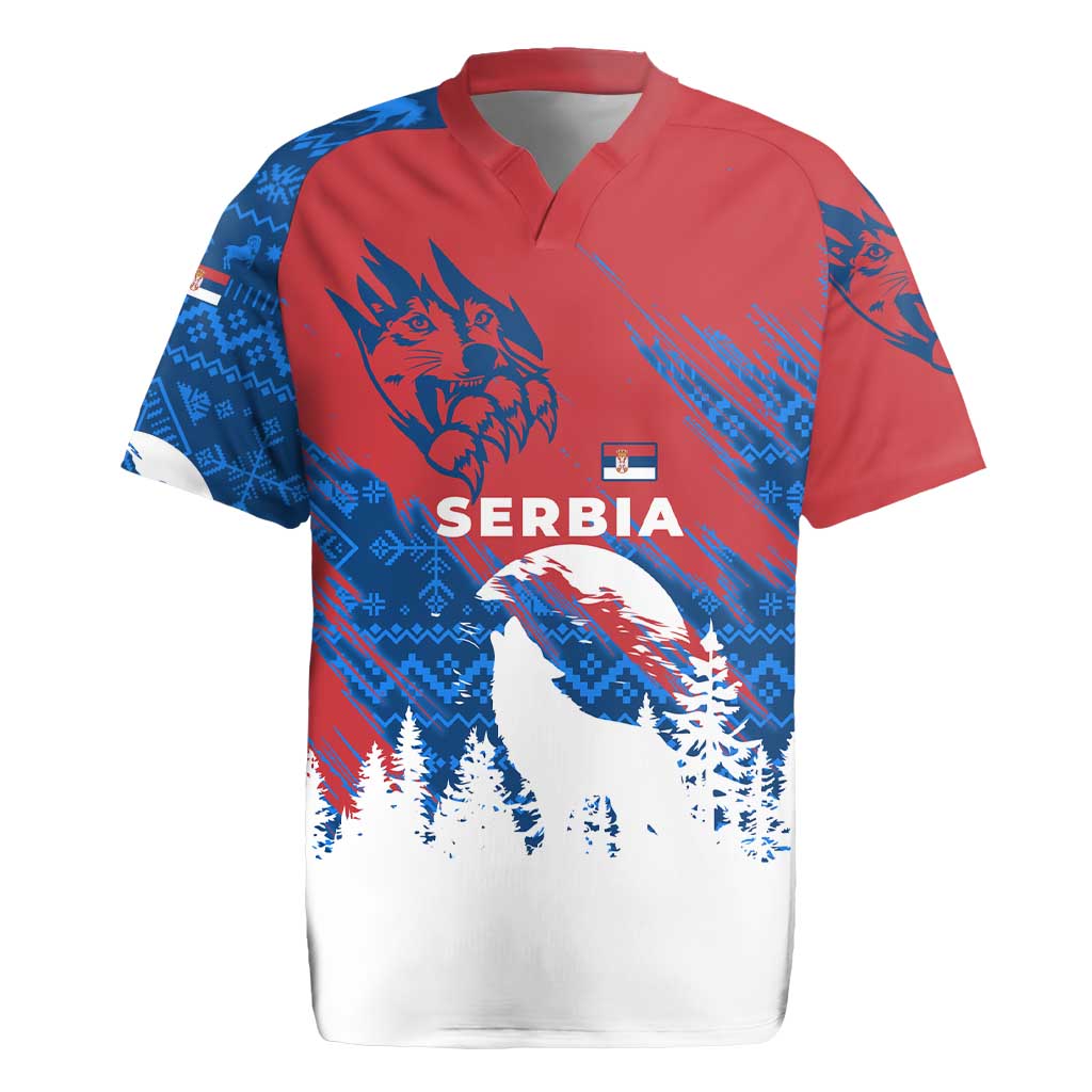 Serbia Christmas Rugby Jersey with Wolf Howling Moon Serbian Flag and Red Blue White Winter Forest Pattern Design - Wonder Print Shop