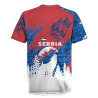 Serbia Christmas Rugby Jersey with Wolf Howling Moon Serbian Flag and Red Blue White Winter Forest Pattern Design - Wonder Print Shop