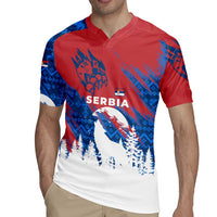 Serbia Christmas Rugby Jersey with Wolf Howling Moon Serbian Flag and Red Blue White Winter Forest Pattern Design - Wonder Print Shop