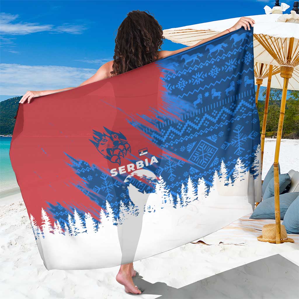Serbia Christmas Sarong with Wolf Howling Moon Serbian Flag and Red Blue White Winter Forest Pattern Design - Wonder Print Shop