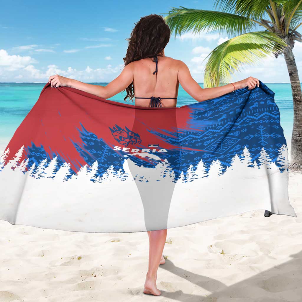 Serbia Christmas Sarong with Wolf Howling Moon Serbian Flag and Red Blue White Winter Forest Pattern Design - Wonder Print Shop