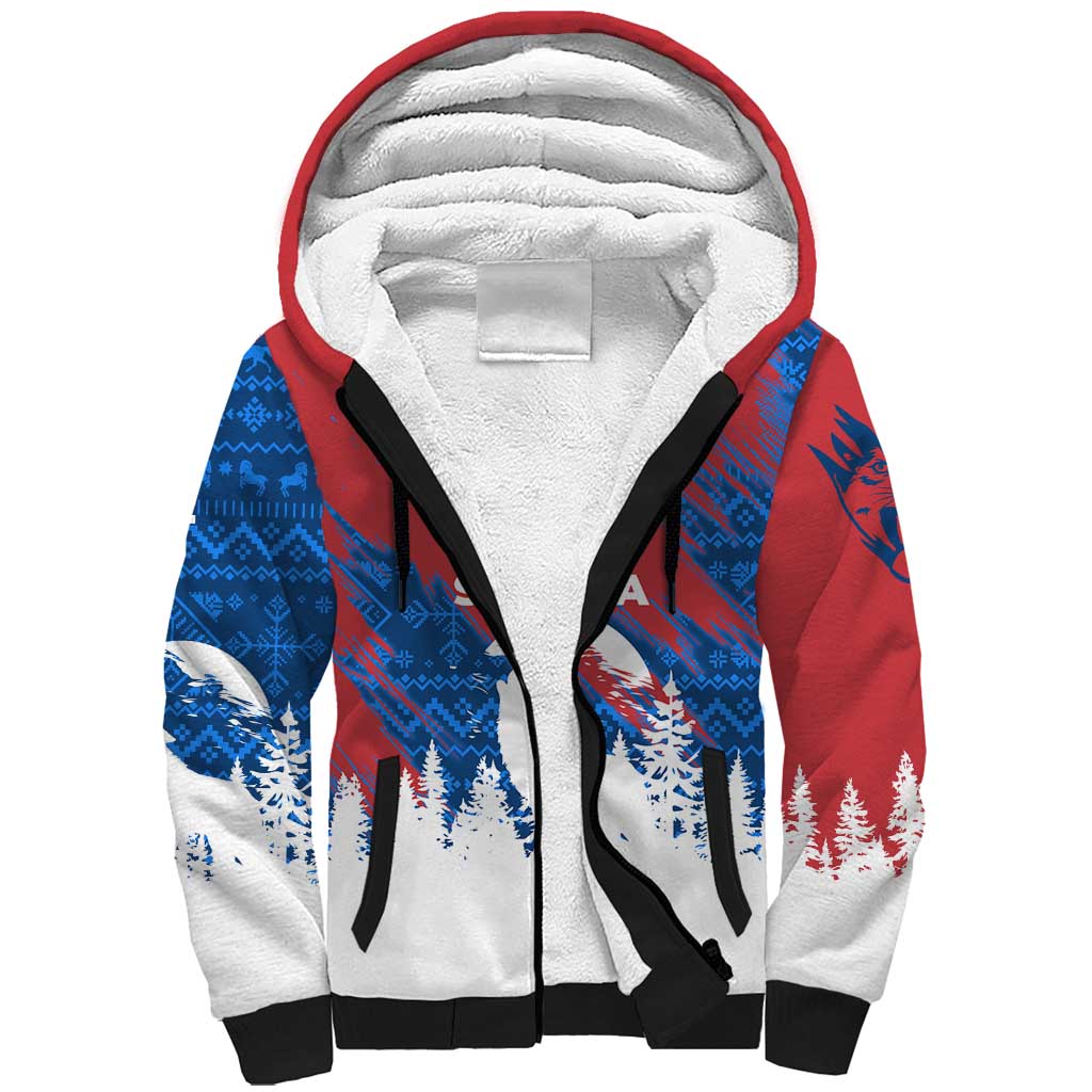Serbia Christmas Sherpa Hoodie with Wolf Howling Moon Serbian Flag and Red Blue White Winter Forest Pattern Design - Wonder Print Shop