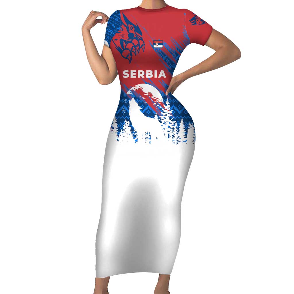 Serbia Christmas Short Sleeve Bodycon Dress with Wolf Howling Moon Serbian Flag and Red Blue White Winter Forest Pattern Design - Wonder Print Shop