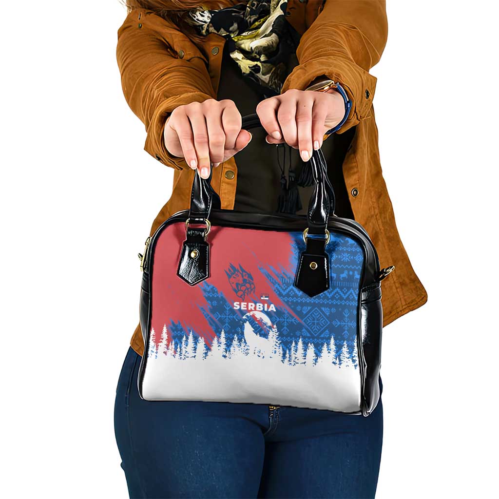 Serbia Christmas Shoulder Handbag with Wolf Howling Moon Serbian Flag and Red Blue White Winter Forest Pattern Design - Wonder Print Shop