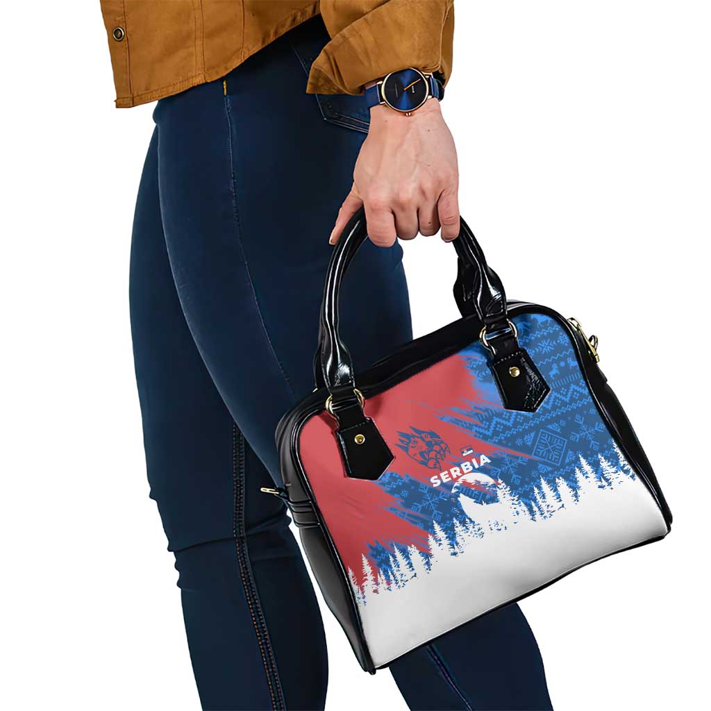 Serbia Christmas Shoulder Handbag with Wolf Howling Moon Serbian Flag and Red Blue White Winter Forest Pattern Design - Wonder Print Shop