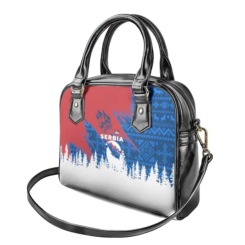 Serbia Christmas Shoulder Handbag with Wolf Howling Moon Serbian Flag and Red Blue White Winter Forest Pattern Design - Wonder Print Shop