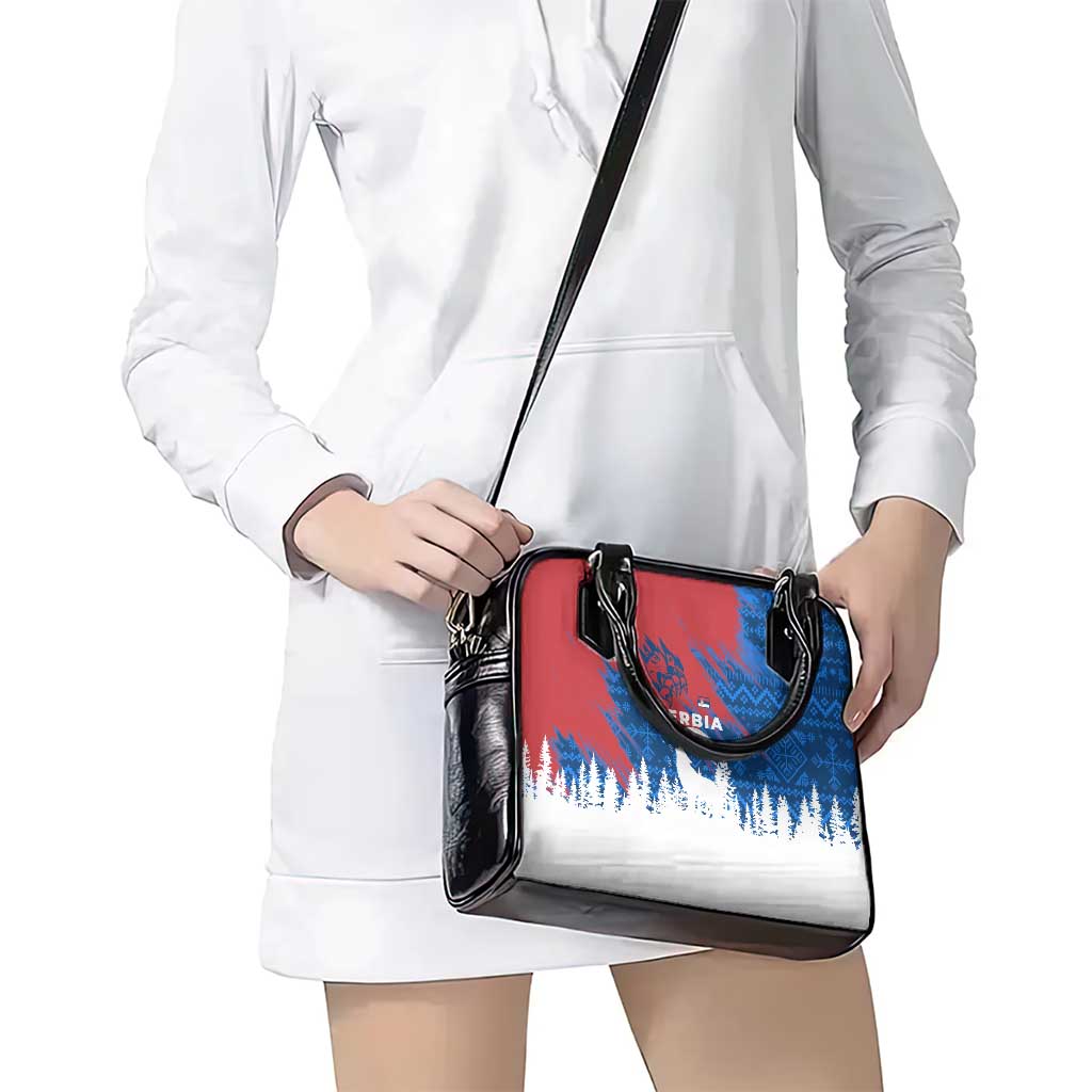 Serbia Christmas Shoulder Handbag with Wolf Howling Moon Serbian Flag and Red Blue White Winter Forest Pattern Design - Wonder Print Shop