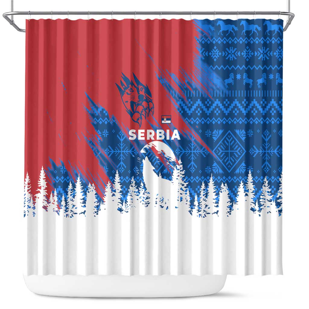 Serbia Christmas Shower Curtain with Wolf Howling Moon Serbian Flag and Red Blue White Winter Forest Pattern Design - Wonder Print Shop