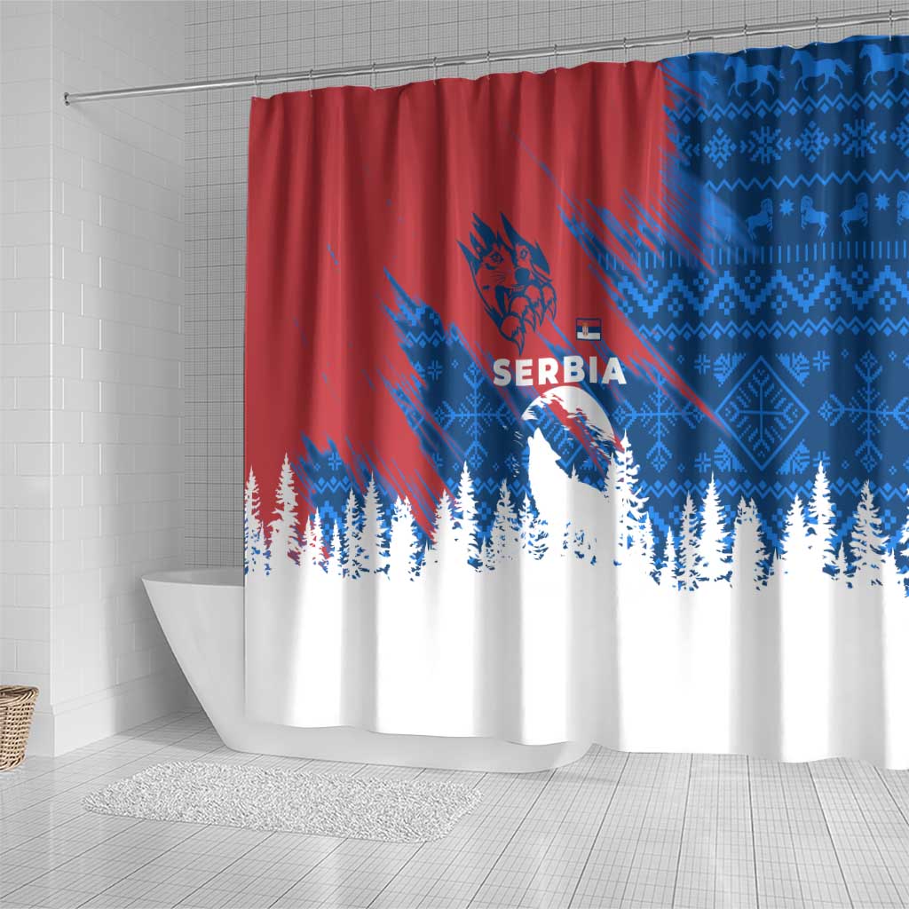 Serbia Christmas Shower Curtain with Wolf Howling Moon Serbian Flag and Red Blue White Winter Forest Pattern Design - Wonder Print Shop