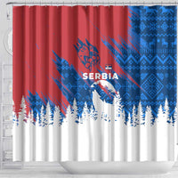 Serbia Christmas Shower Curtain with Wolf Howling Moon Serbian Flag and Red Blue White Winter Forest Pattern Design - Wonder Print Shop