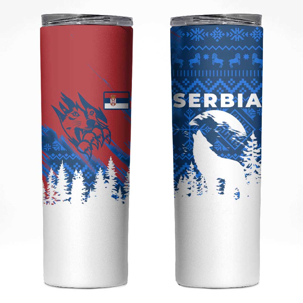 Serbia Christmas Skinny Tumbler with Wolf Howling Moon Serbian Flag and Red Blue White Winter Forest Pattern Design - Wonder Print Shop