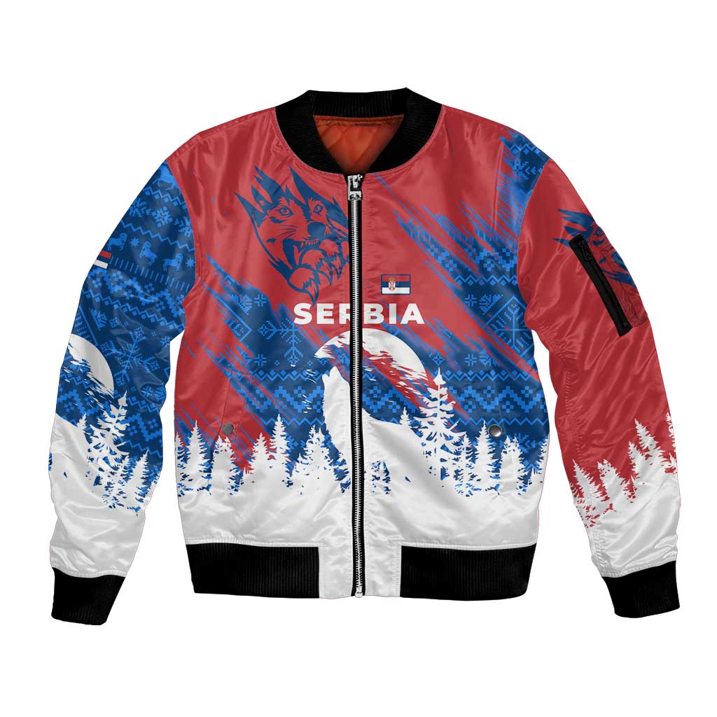 Serbia Christmas Sleeve Zip Bomber Jacket with Wolf Howling Moon Serbian Flag and Red Blue White Winter Forest Pattern Design - Wonder Print Shop