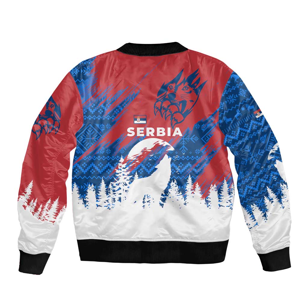 Serbia Christmas Sleeve Zip Bomber Jacket with Wolf Howling Moon Serbian Flag and Red Blue White Winter Forest Pattern Design - Wonder Print Shop