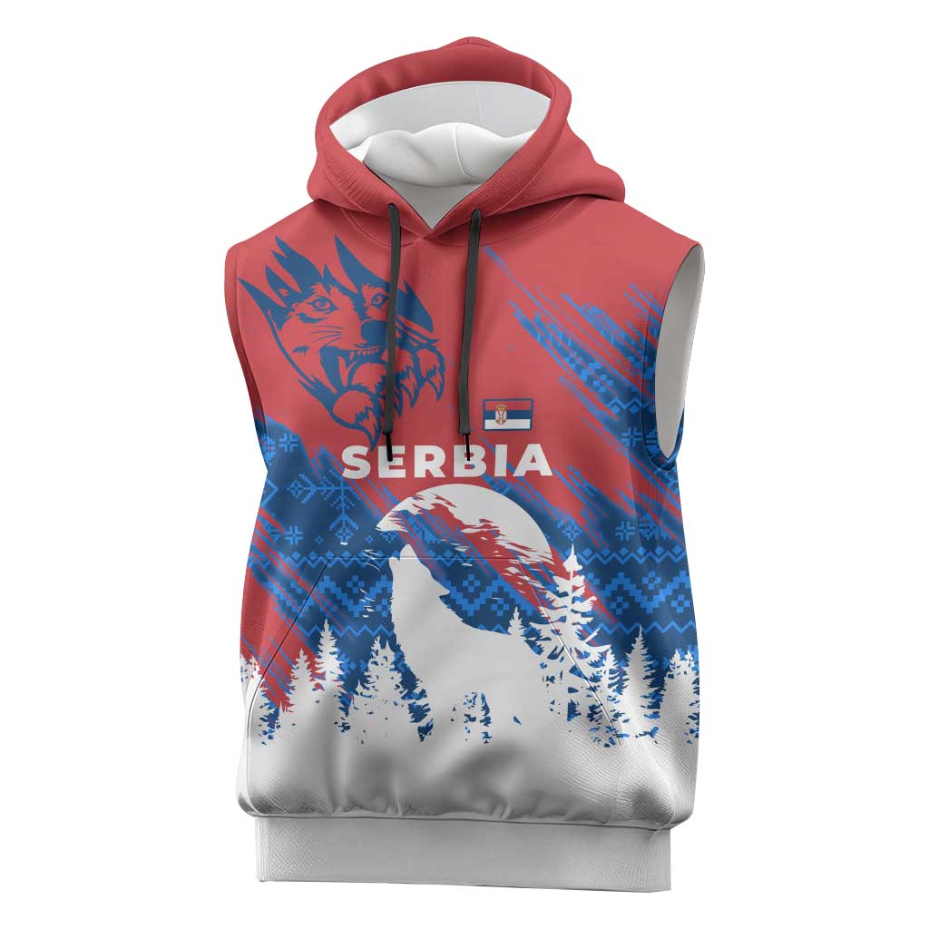 Serbia Christmas Sleeveless Hoodie with Wolf Howling Moon Serbian Flag and Red Blue White Winter Forest Pattern Design - Wonder Print Shop