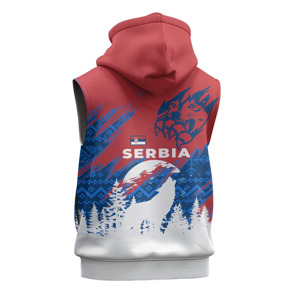 Serbia Christmas Sleeveless Hoodie with Wolf Howling Moon Serbian Flag and Red Blue White Winter Forest Pattern Design - Wonder Print Shop