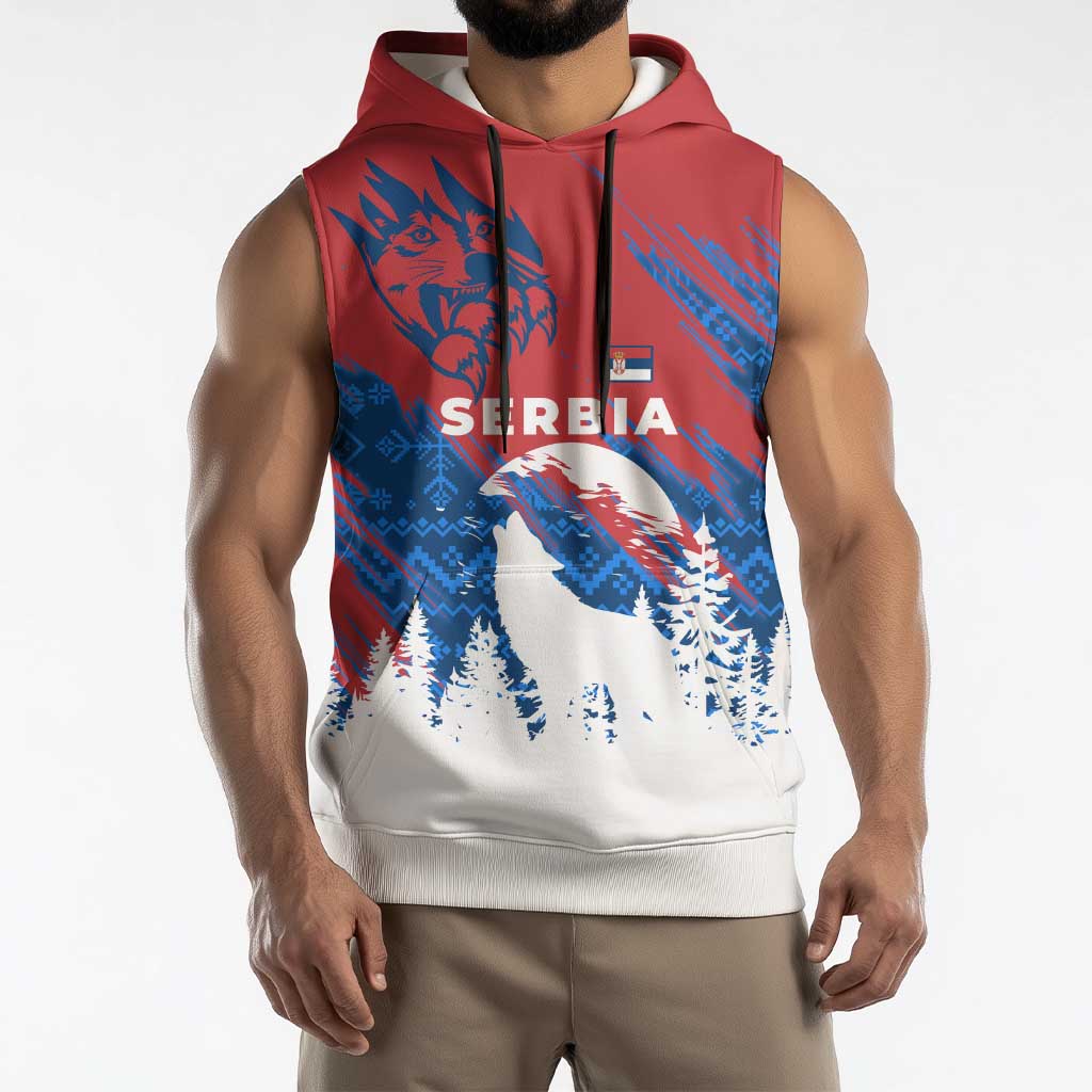Serbia Christmas Sleeveless Hoodie with Wolf Howling Moon Serbian Flag and Red Blue White Winter Forest Pattern Design - Wonder Print Shop