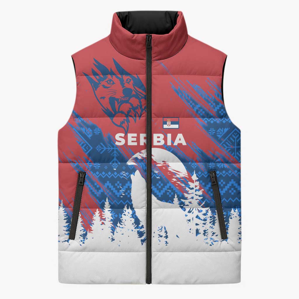 Serbia Christmas Sleeveless Puffer Jacket with Wolf Howling Moon Serbian Flag and Red Blue White Winter Forest Pattern Design - Wonder Print Shop
