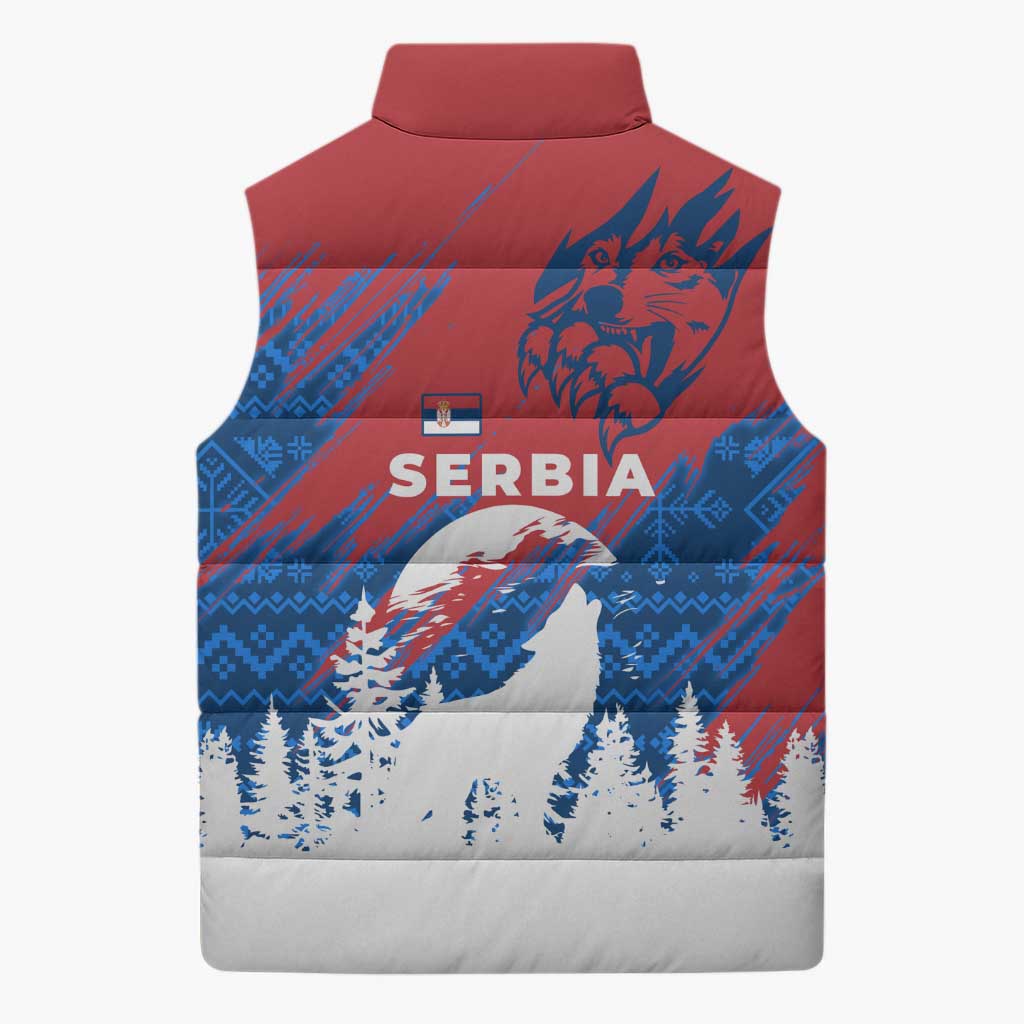 Serbia Christmas Sleeveless Puffer Jacket with Wolf Howling Moon Serbian Flag and Red Blue White Winter Forest Pattern Design - Wonder Print Shop