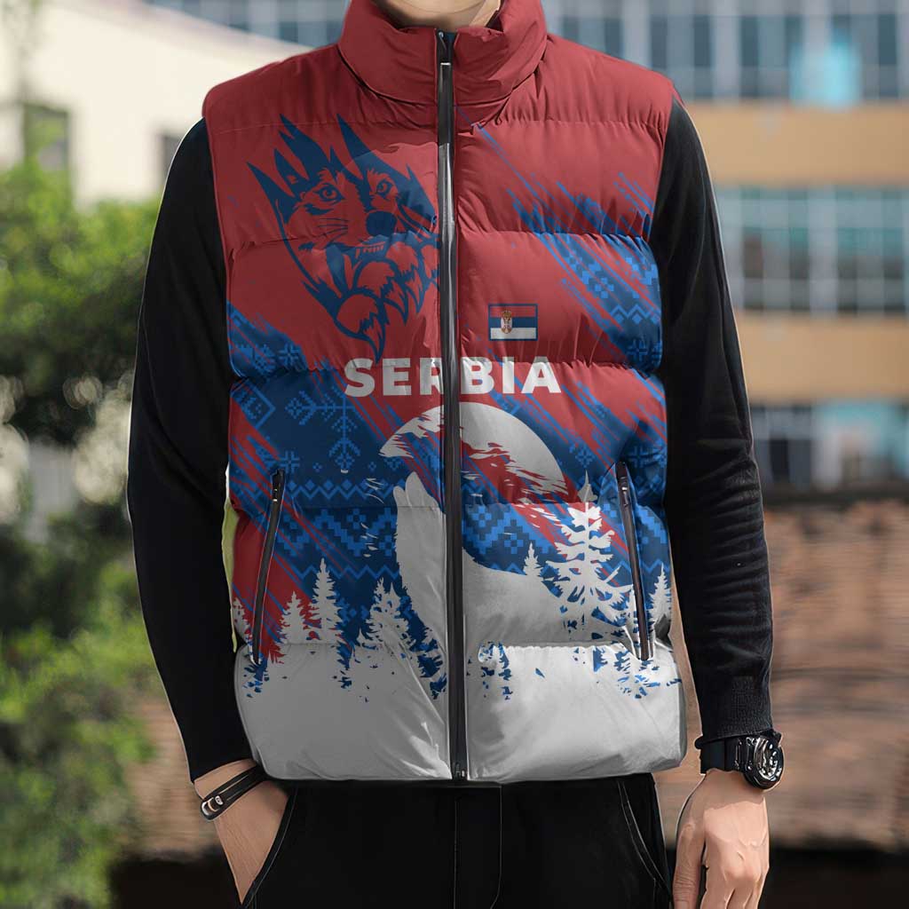 Serbia Christmas Sleeveless Puffer Jacket with Wolf Howling Moon Serbian Flag and Red Blue White Winter Forest Pattern Design - Wonder Print Shop
