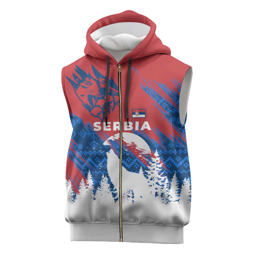 Serbia Christmas Sleeveless Zip Hoodie with Wolf Howling Moon Serbian Flag and Red Blue White Winter Forest Pattern Design - Wonder Print Shop
