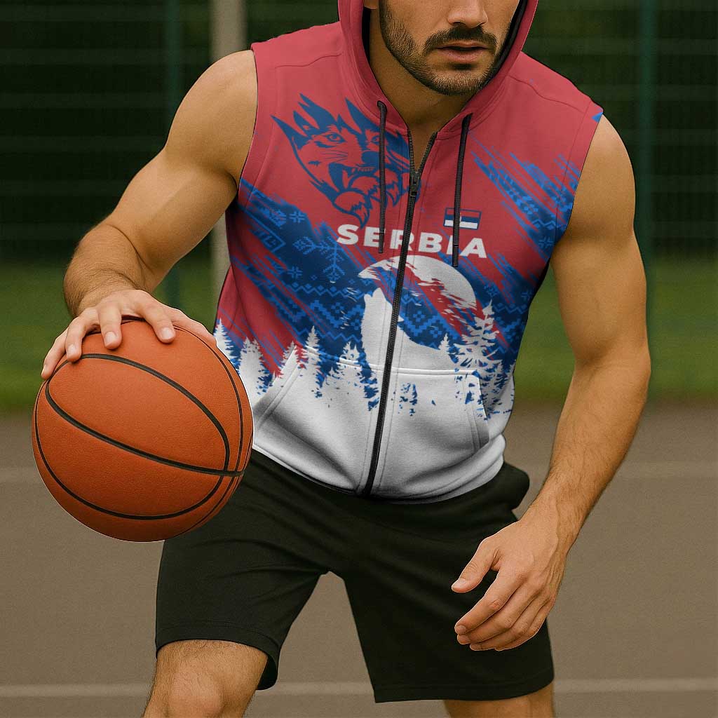 Serbia Christmas Sleeveless Zip Hoodie with Wolf Howling Moon Serbian Flag and Red Blue White Winter Forest Pattern Design - Wonder Print Shop