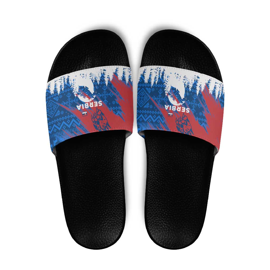 Serbia Christmas Slide Sandals with Wolf Howling Moon Serbian Flag and Red Blue White Winter Forest Pattern Design - Wonder Print Shop