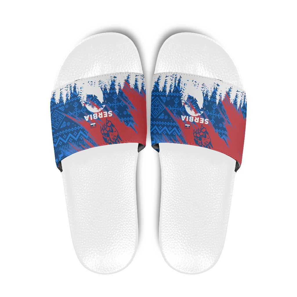 Serbia Christmas Slide Sandals with Wolf Howling Moon Serbian Flag and Red Blue White Winter Forest Pattern Design - Wonder Print Shop