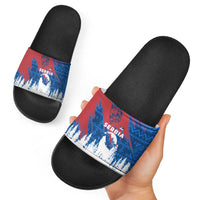 Serbia Christmas Slide Sandals with Wolf Howling Moon Serbian Flag and Red Blue White Winter Forest Pattern Design - Wonder Print Shop