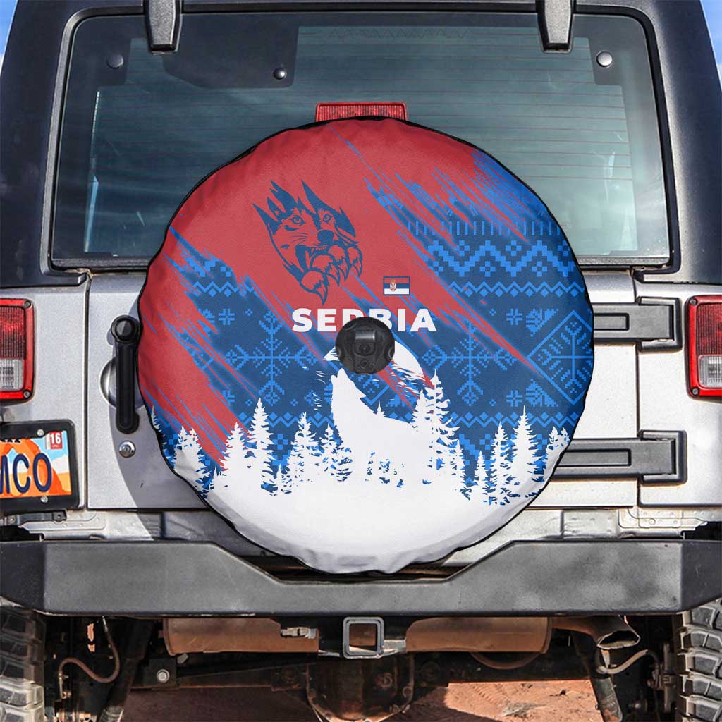 Serbia Christmas Spare Tire Cover with Wolf Howling Moon Serbian Flag and Red Blue White Winter Forest Pattern Design - Wonder Print Shop