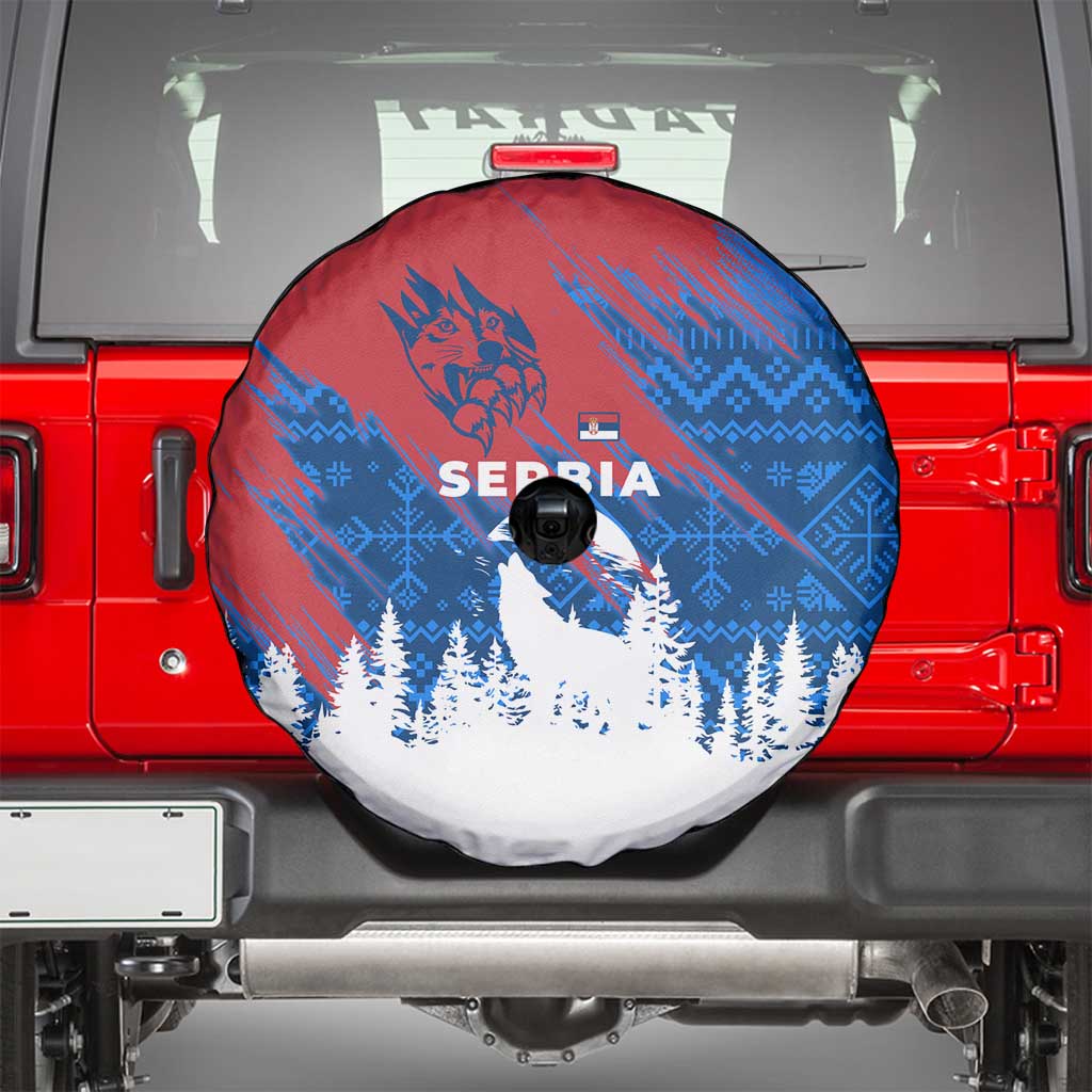 Serbia Christmas Spare Tire Cover with Wolf Howling Moon Serbian Flag and Red Blue White Winter Forest Pattern Design - Wonder Print Shop