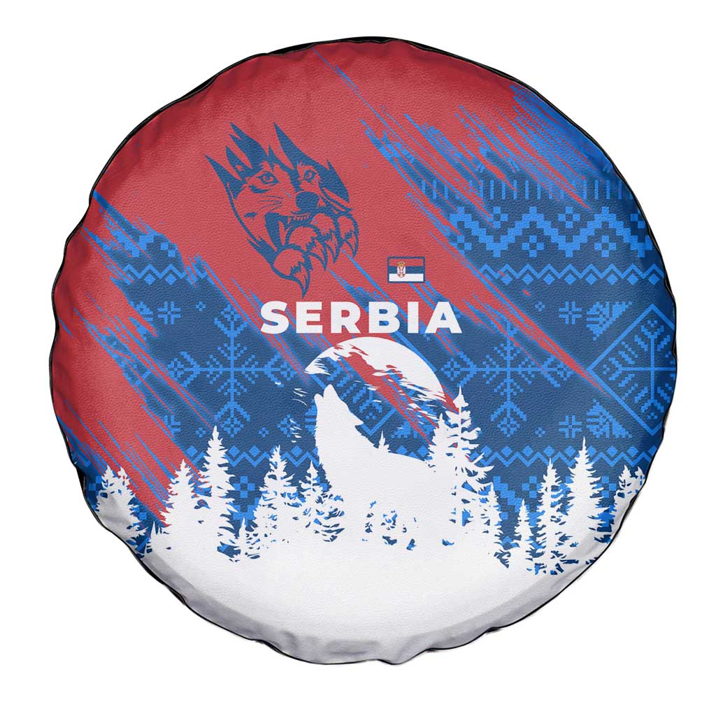 Serbia Christmas Spare Tire Cover with Wolf Howling Moon Serbian Flag and Red Blue White Winter Forest Pattern Design - Wonder Print Shop