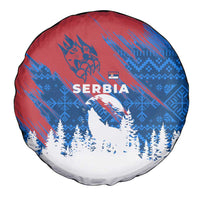 Serbia Christmas Spare Tire Cover with Wolf Howling Moon Serbian Flag and Red Blue White Winter Forest Pattern Design - Wonder Print Shop