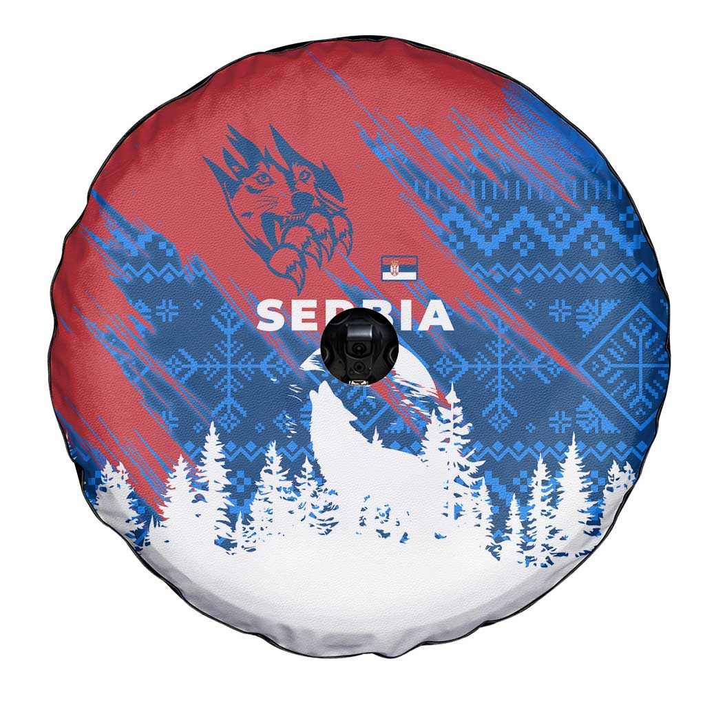 Serbia Christmas Spare Tire Cover with Wolf Howling Moon Serbian Flag and Red Blue White Winter Forest Pattern Design - Wonder Print Shop