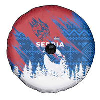 Serbia Christmas Spare Tire Cover with Wolf Howling Moon Serbian Flag and Red Blue White Winter Forest Pattern Design - Wonder Print Shop