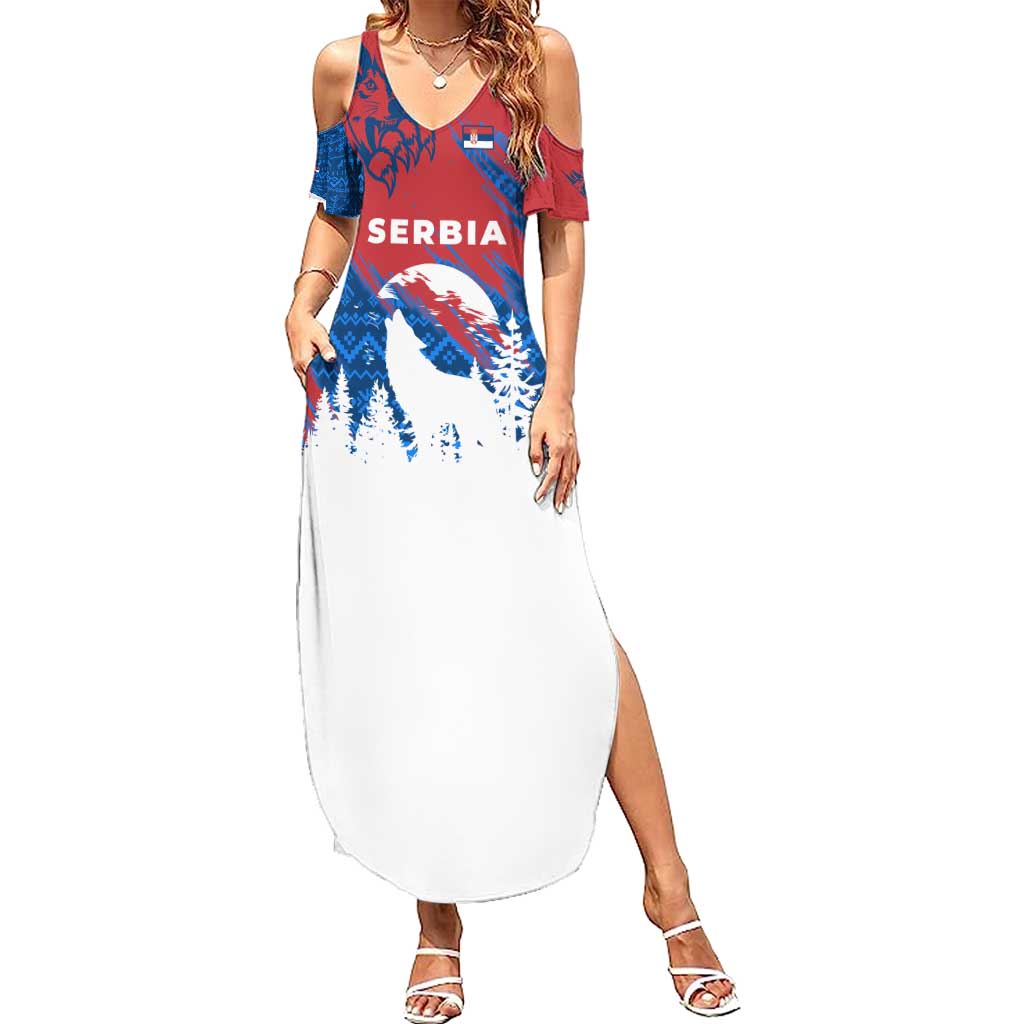 Serbia Christmas Summer Maxi Dress with Wolf Howling Moon Serbian Flag and Red Blue White Winter Forest Pattern Design - Wonder Print Shop