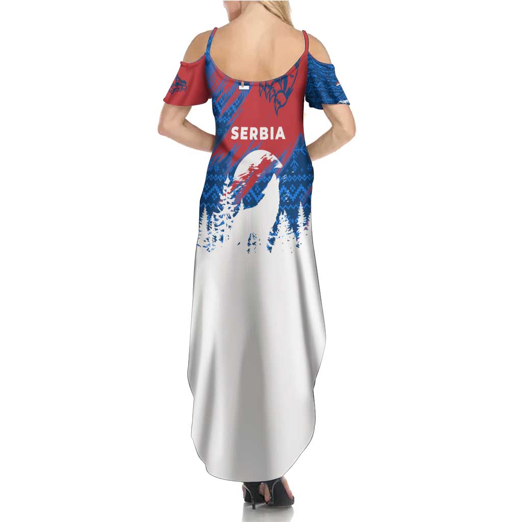 Serbia Christmas Summer Maxi Dress with Wolf Howling Moon Serbian Flag and Red Blue White Winter Forest Pattern Design - Wonder Print Shop