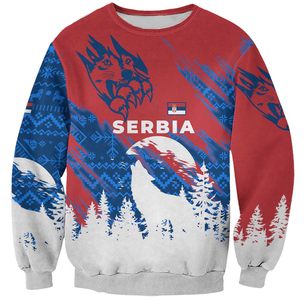 Serbia Christmas Sweatshirt with Wolf Howling Moon Serbian Flag and Red Blue White Winter Forest Pattern Design - Wonder Print Shop