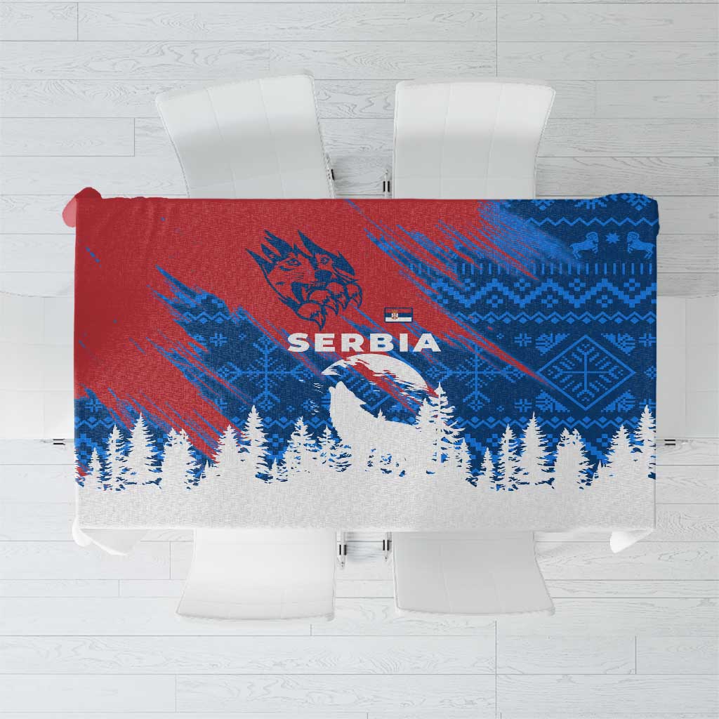 Serbia Christmas Tablecloth with Wolf Howling Moon Serbian Flag and Red Blue White Winter Forest Pattern Design - Wonder Print Shop