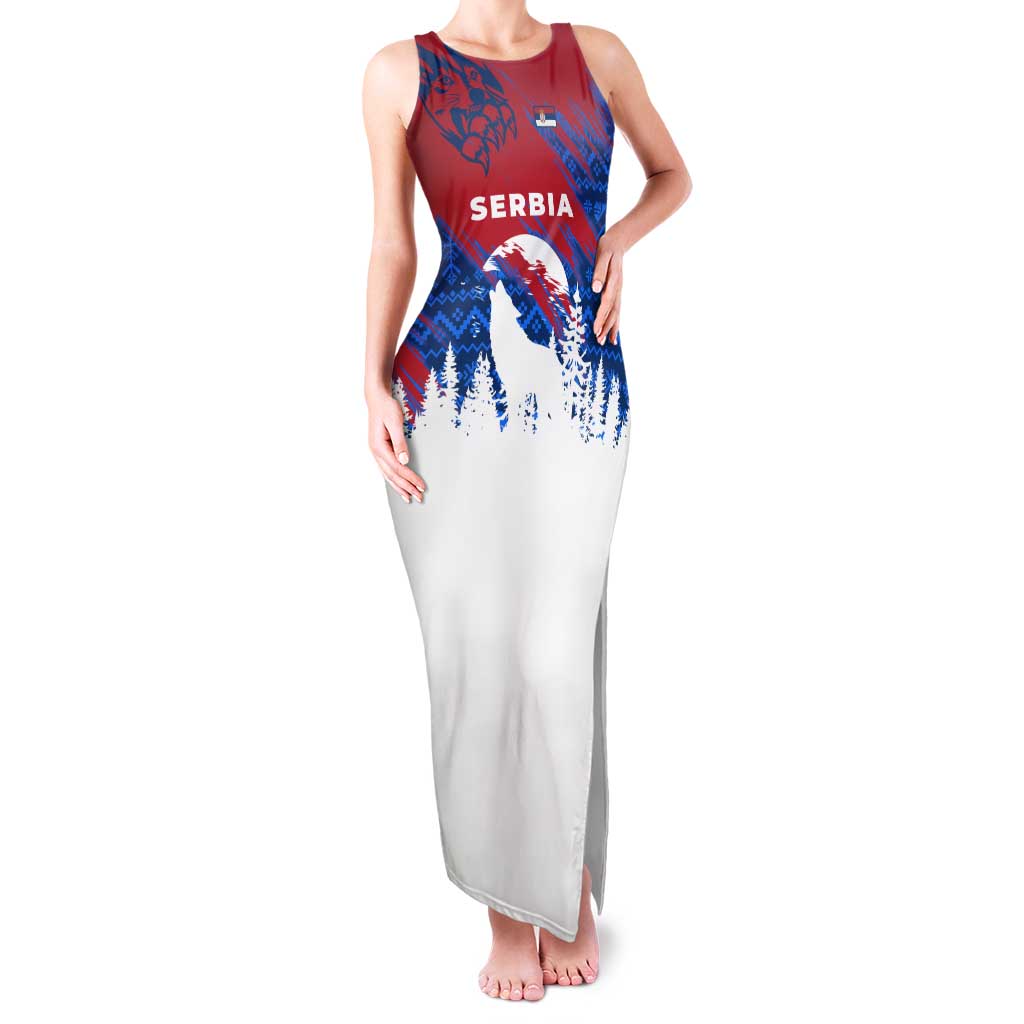 Serbia Christmas Tank Maxi Dress with Wolf Howling Moon Serbian Flag and Red Blue White Winter Forest Pattern Design - Wonder Print Shop