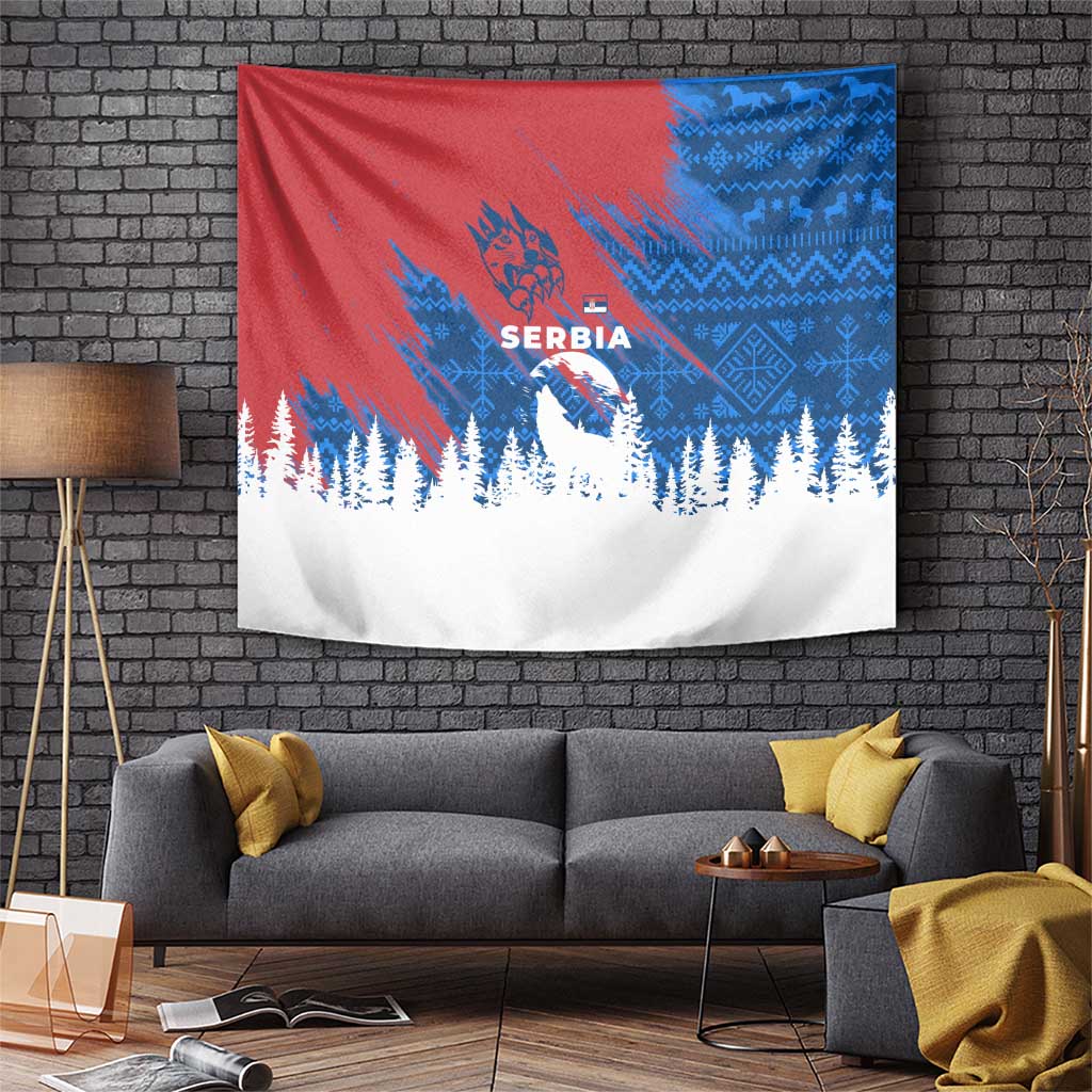 Serbia Christmas Tapestry with Wolf Howling Moon Serbian Flag and Red Blue White Winter Forest Pattern Design - Wonder Print Shop