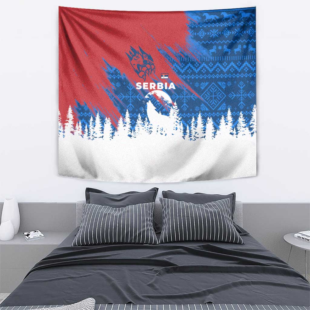 Serbia Christmas Tapestry with Wolf Howling Moon Serbian Flag and Red Blue White Winter Forest Pattern Design - Wonder Print Shop