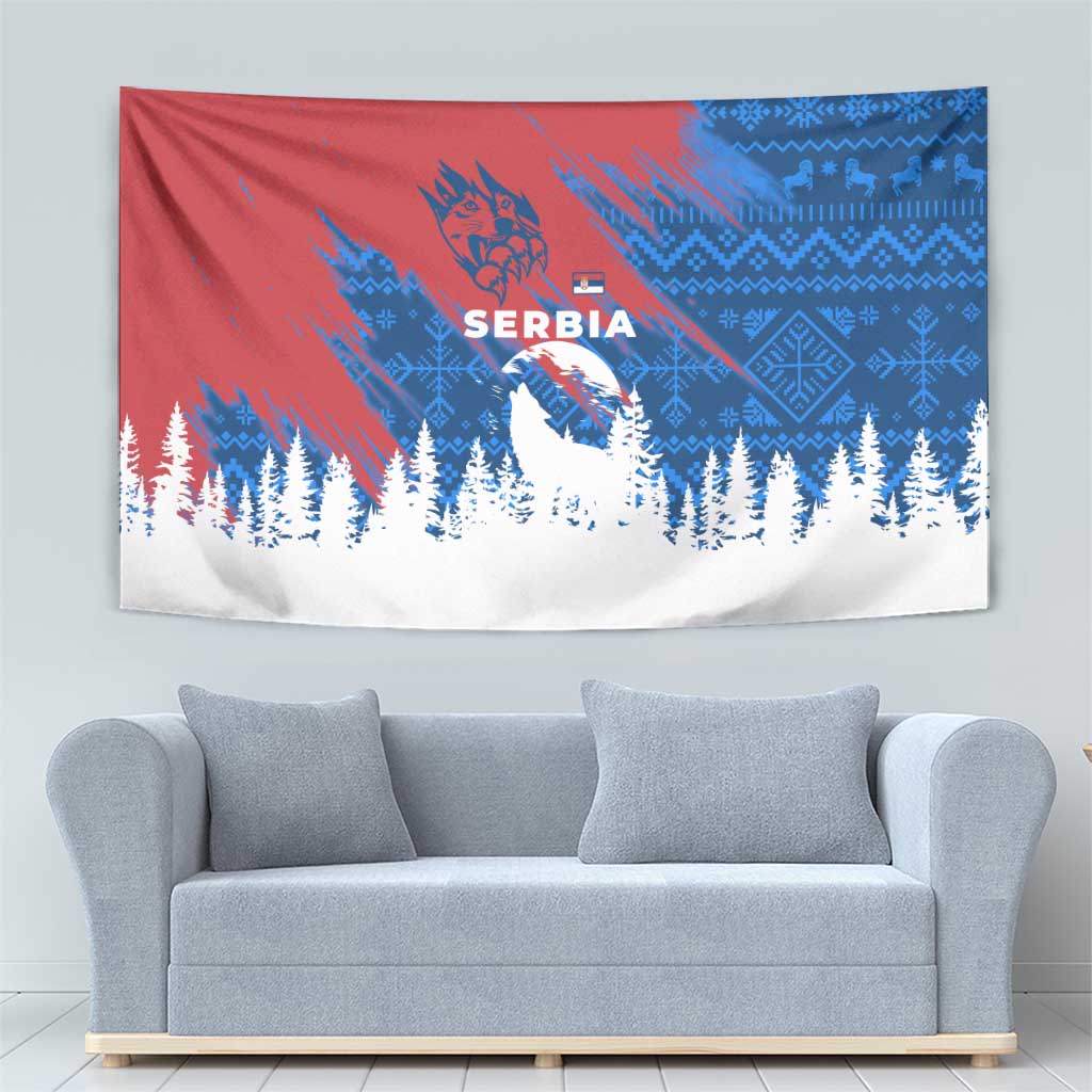 Serbia Christmas Tapestry with Wolf Howling Moon Serbian Flag and Red Blue White Winter Forest Pattern Design - Wonder Print Shop