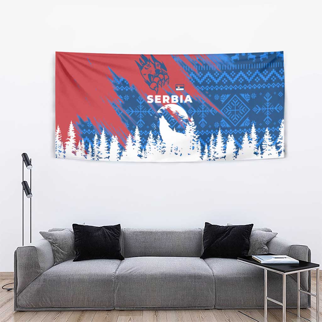 Serbia Christmas Tapestry with Wolf Howling Moon Serbian Flag and Red Blue White Winter Forest Pattern Design - Wonder Print Shop