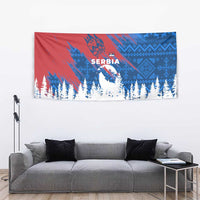 Serbia Christmas Tapestry with Wolf Howling Moon Serbian Flag and Red Blue White Winter Forest Pattern Design - Wonder Print Shop