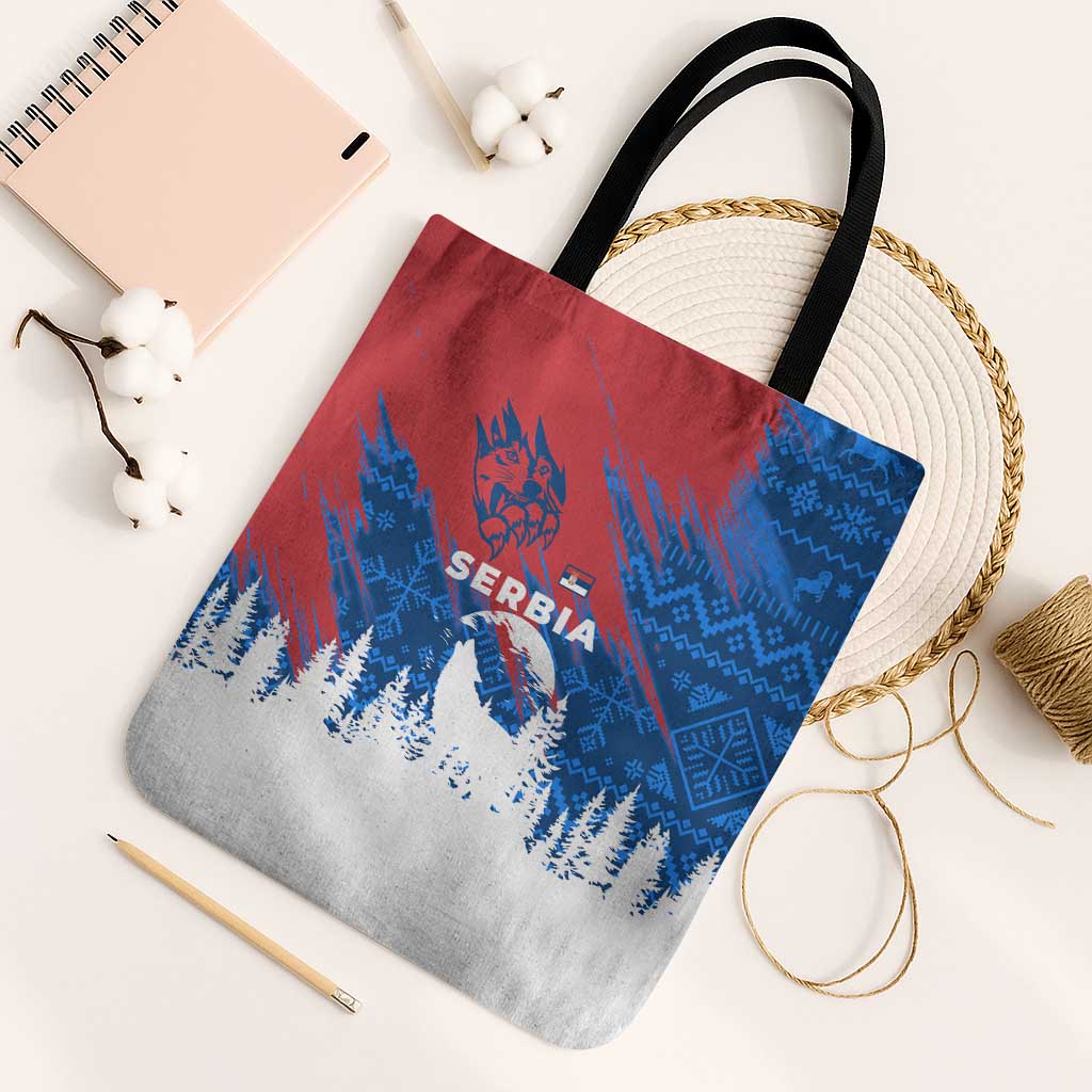 Serbia Christmas Tote Bag with Wolf Howling Moon Serbian Flag and Red Blue White Winter Forest Pattern Design - Wonder Print Shop