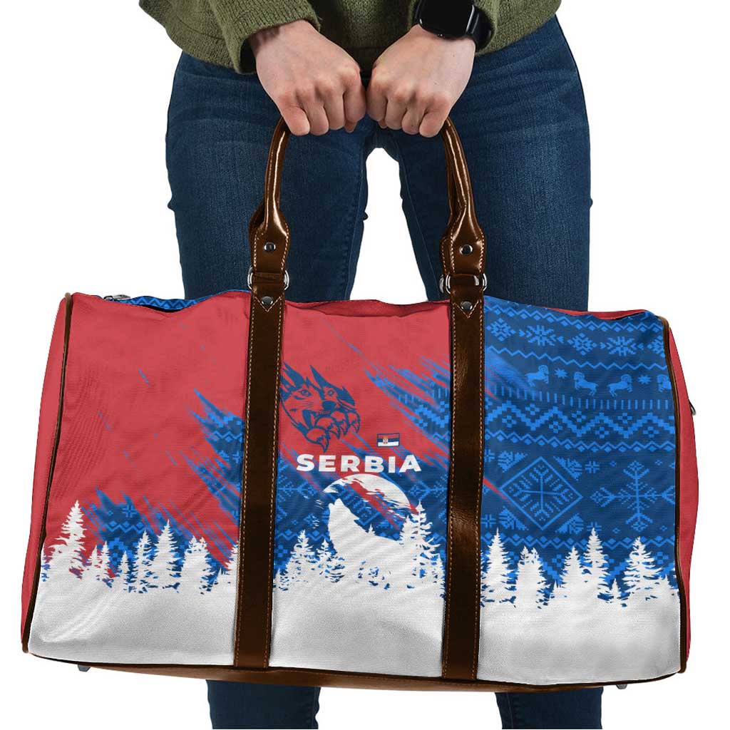 Serbia Christmas Travel Bag with Wolf Howling Moon Serbian Flag and Red Blue White Winter Forest Pattern Design - Wonder Print Shop
