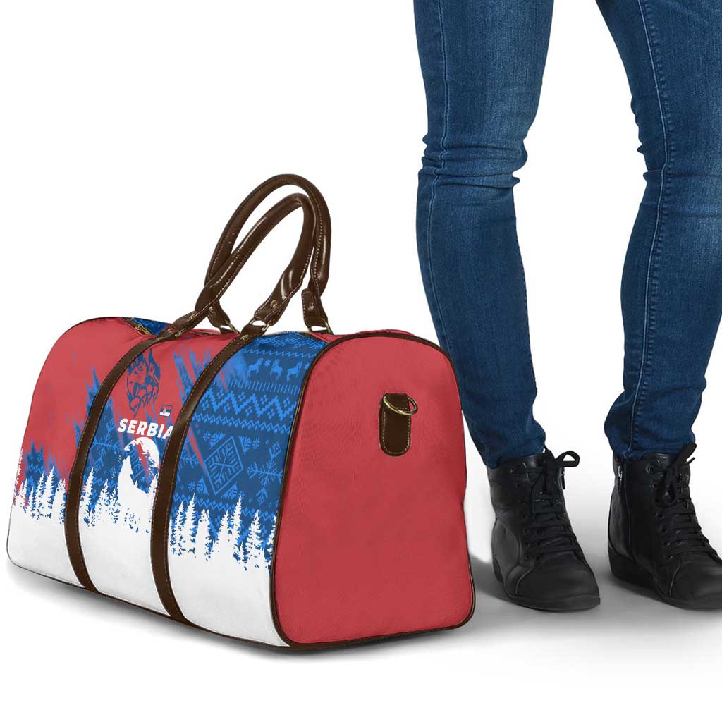 Serbia Christmas Travel Bag with Wolf Howling Moon Serbian Flag and Red Blue White Winter Forest Pattern Design - Wonder Print Shop