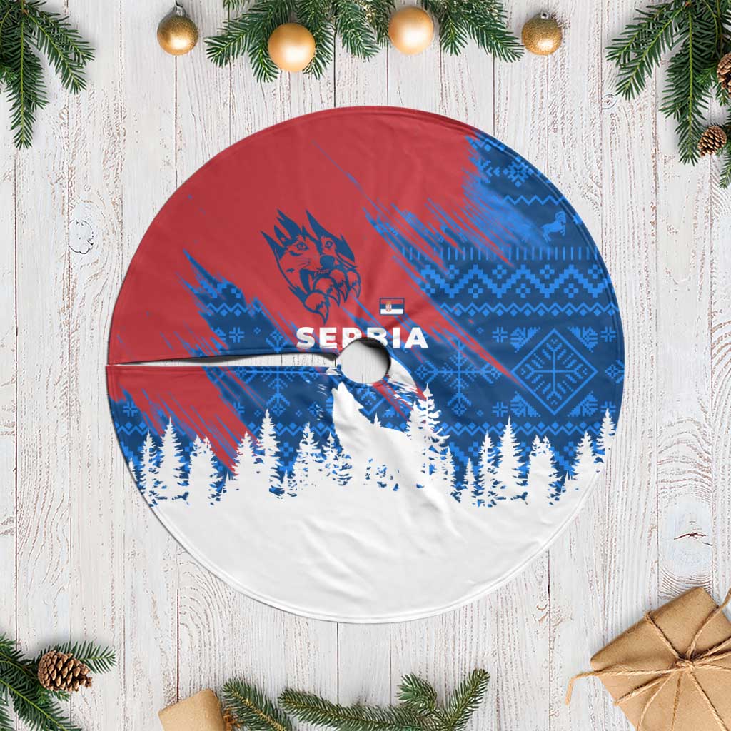 Serbia Christmas Tree Skirt with Wolf Howling Moon Serbian Flag and Red Blue White Winter Forest Pattern Design - Wonder Print Shop